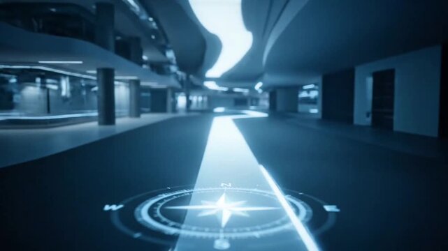 Futuristic Indoor Navigation with Digital Compass and Glowing Path representing Business Direction and Strategy