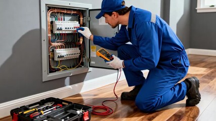 Electrician inspecting residential electrical panel wiring for safety and compliance in a modern home setting.