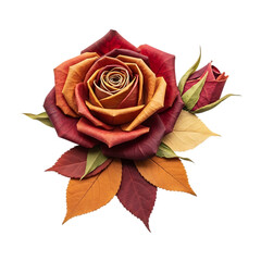 A single beautiful red rose blossom with delicate petals and a green leaf is isolated on a white background, creating a romantic floral gift perfect for Valentine's Day nature beauty