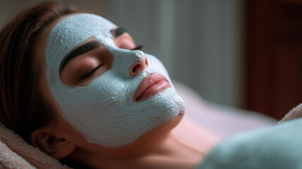 Woman relaxing with facial mask in modern clinic interior with copy space