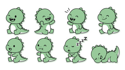 Obraz premium Adorable Green Baby Dinosaur Cartoon Vector Set with Various Emotions and Poses; Cute Dino Character Collection for Kids' Design