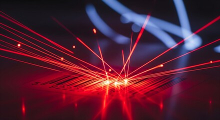 Vibrant red laser beams scanning barcode in dark room