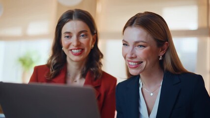 Smiling partners video calling by laptop sitting cafe closeup. Women talking - Powered by Adobe