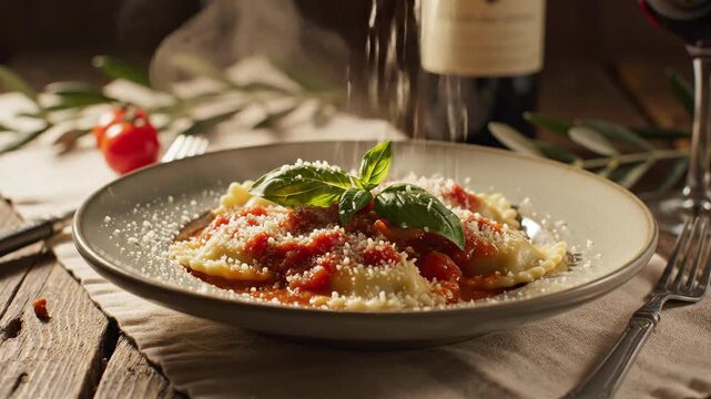 Gourmet pasta dish with tomato sauce basil and parmesan cheese close up
