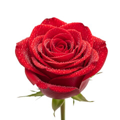 A beautiful single red rose flower with water drops on its petals is isolated on white as a romantic Valentine gift symbolizing love and nature