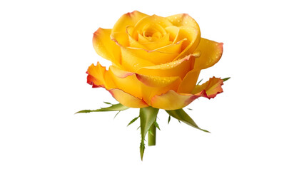 A beautiful yellow rose bloom with delicate petals and green leaves is isolated on a white background, representing nature, beauty, and a ro