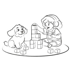 Black and White Hand Sketch of Little Girl Playing Blocks With Her Dog