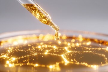 Close up of clear serum with gold shimmer floating in liquid, showcasing the luxurious texture and vibrant sparkle, ideal for beauty and skincare product promotion