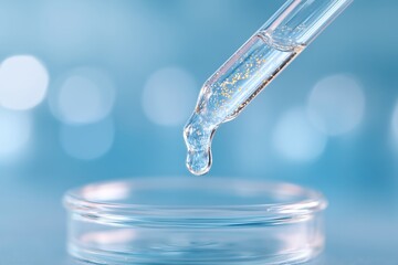 Close up of clear serum with gold shimmer being dropped from a pipette into a glass dish, showcasing luxury skincare product and its elegant texture