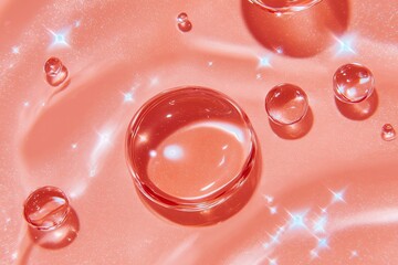 Macro shot of PDRN serum texture on glass plate, showcasing glossy droplets and shimmering reflections, creating a captivating visual experience of skincare product