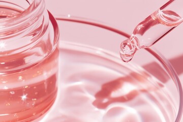 Close up of clear serum with gold shimmer floating in a glass dish, showcasing the luxurious texture and vibrant color, ideal for beauty and skincare concepts