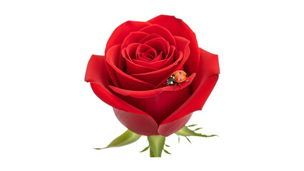 A single beautiful red rose bud with green leaves and delicate petals is isolated on a white background as a romantic floral gift for Valentine's Day