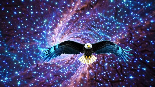 Eagle flying through colorful space with stars and swirling patterns in the background
