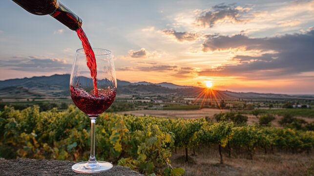 Red wine pouring into glass with sunset over vineyard and scenic countryside landscape in background - Powered by Adobe