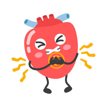 Character illustration of a personified heart experiencing severe chest pain. Represents heart attack, angina, and cardiovascular disease. Modern cartoon concept. Vector illustration