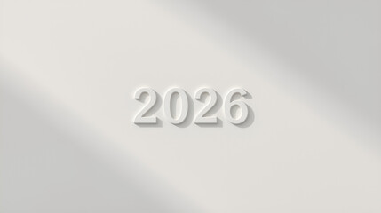 Minimalist 3D illustration of the year 2026 illuminated by soft diagonal natural light. Calm and refined atmosphere symbolizing future, clarity and fresh starts.