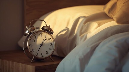 Vintage twin-bell alarm clock on wooden nightstand with warm morning sunlight
