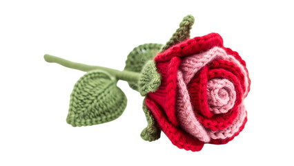 A beautiful single red rose bud with green leaves and delicate petals is isolated on a white background, representing a natural floral gift of love and romance for a perfect Valentine bloom