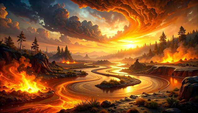 Fiery Lava River Landscape Abstract with Dinosaur Tar Pit Swirls