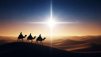 Eid Mubarak Celebration Featuring Three Camel Riders in Desert at Sunset, Landscape View, Cultural Event, Peaceful Environment