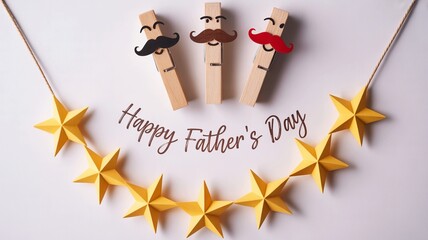 Whimsical father s day card featuring clothespin figures with mustaches and a star garland saying happy fathers day