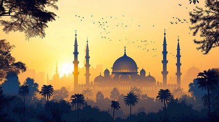 Serene Mubarak Greeting Background with Artistic Mosque and Warm Spiritual Feeling