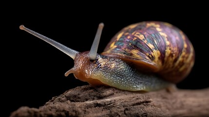 A vibrant gastropod snail with a colorful patterned shell extends its antennae while resting on weathered wood captured in ro detail
