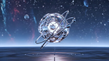 Metallic Sphere with Light inside and Orbit Ring on Dreamy Cosmic Space Backdrop 