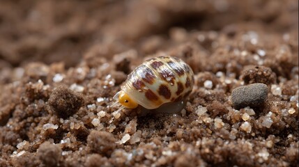 ro close up of a tiny patterned snail with yellow head slowly moving across textured granular soil