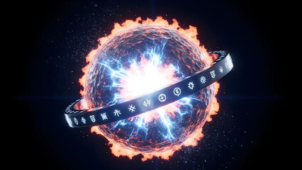 Flame Sun with Blue Energy flowing inside, Black Metal Sigil Ring Orbited Around the Sun