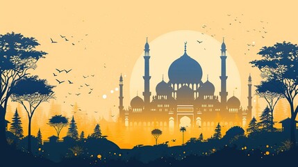 Beautiful Mubarak Celebration Background with Grand Mosque and Glowing Evening Ambience