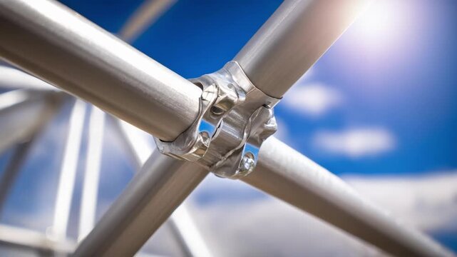 Medium shot capturing the precise fitting of metal brackets securing modular tent components under a bright sky