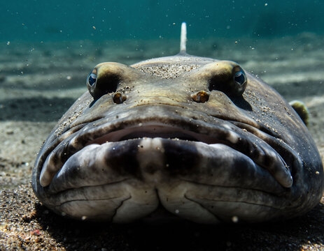 Unterwasser-Makro eines Himmelsguckers halb im Sand vergraben &ndash; skurriles Fischportr&auml;t