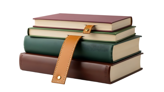 A stack of four hardcover books with leather bookmarks isolated on transparent background - Powered by Adobe