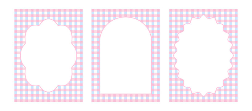 Three pastel gingham card templates with white ornate frames. Ideal for baby shower invitations, nursery decor, or greeting card designs.