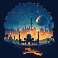 Serene Night Illustration of Ornamental Structure Under Cosmic Sky Elements