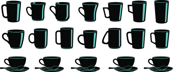 Coffee cups and mugs set with different shapes and designs, vector illustration of teacups and saucers collection