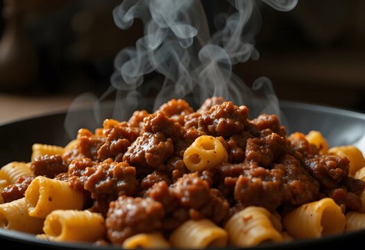 Steaming hot pasta with a hearty meat sauce, a comforting and delicious meal. beef rigatoni