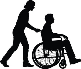 Silhouette of a woman pushing a man in a wheelchair
