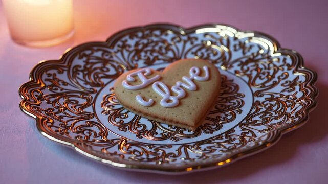 Heart-shaped cookie placed on a decorative plate with warm candlelight in the background