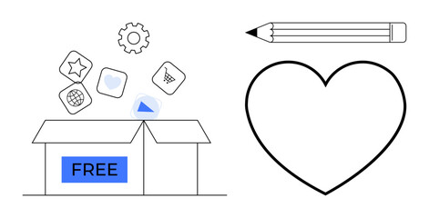 Digital services, innovation, creativity, free resources, design tools, e-commerce. Open box with app-style icons, heart shape pencil. Innovation and creativity concept © robu_s