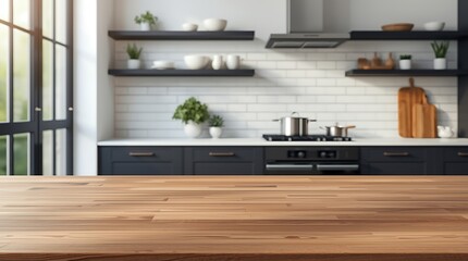 Sunlit Modern Kitchen Interior with Wooden Countertop Foreground