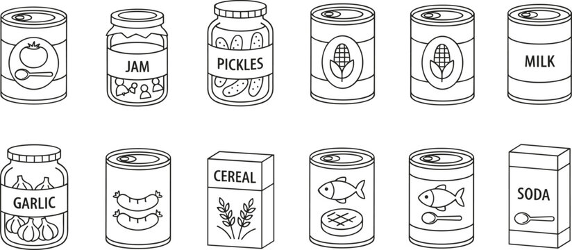 Outline Vector Icon Set Featuring Canned Vegetables Preserved Jars Cereal Boxes and Bottled Drinks for Grocery Retail Inventory