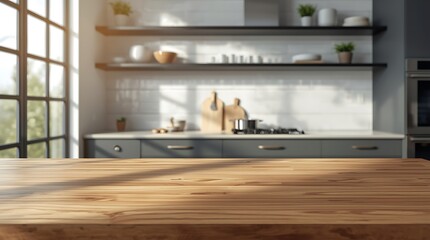 Sunlit Modern Kitchen Interior with Wooden Countertop Foreground