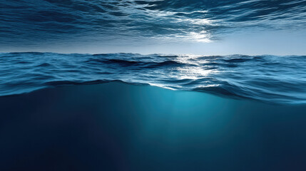 Fototapeta premium Calm ocean surface with sunlight reflecting, deep blue water, tranquil seascape, peaceful atmosphere, underwater view, nature beauty