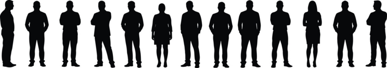 Silhouette illustration, people standing in row, male and female figures, neutral posture, black vector art, character design, gesture reference, diversity concept, human outline