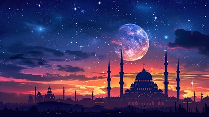 Beautiful Ornamental Architecture Silhouette Under a Starry Night Sky Illustration