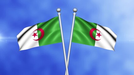 Algeria Crossed Flags Waving in Blue Sky Loop Animation | Realistic 3D National Flag Background