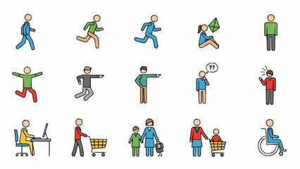 Collection of diverse stick figure people in various poses and activities.