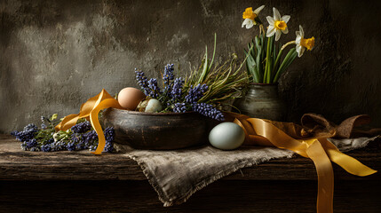 Easter Still Life with Daffodils and Eggs